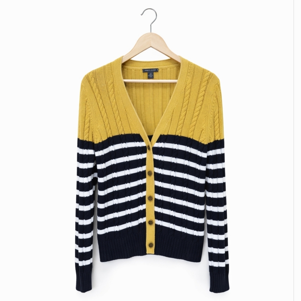 Tommy Hilfiger Striped Mustard and Navy Blue Cardigan Sweater
